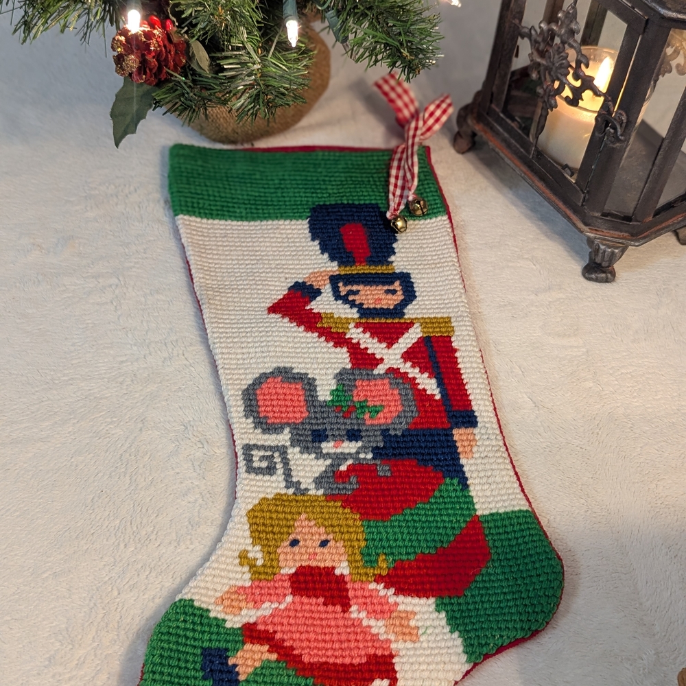 Handmade Needlepoint Nutcracker & Doll Christmas Stocking - Red Green White - Picture 7 of 8